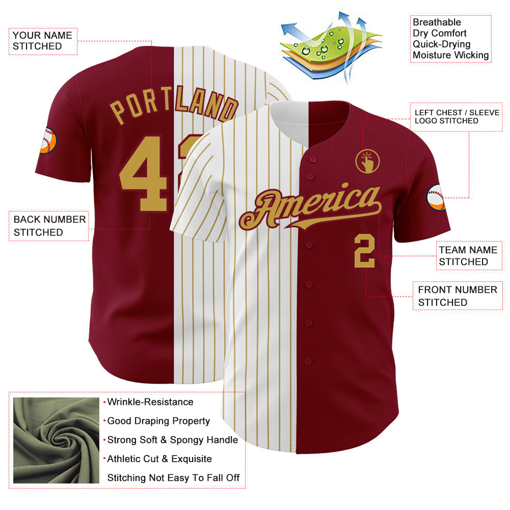 Custom Crimson White-Old Gold Pinstripe Authentic Split Fashion Baseball Jersey view 3