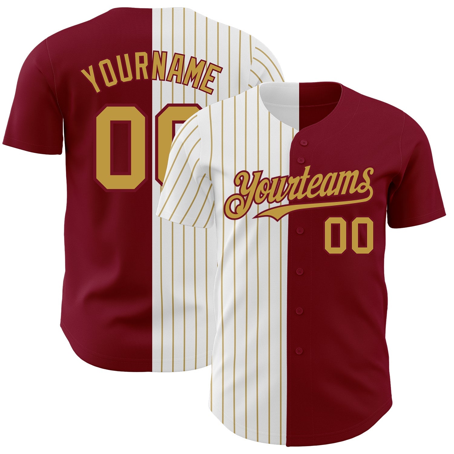 Custom Crimson White-Old Gold Pinstripe Authentic Split Fashion Baseball Jersey - Main View