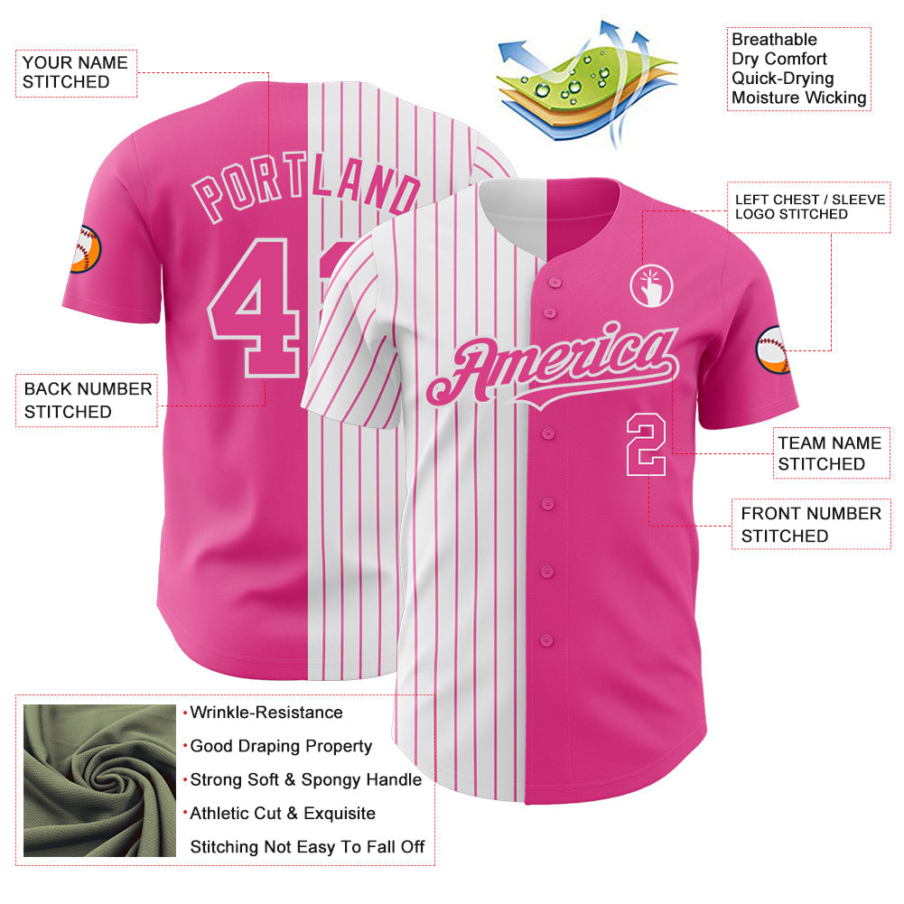 Custom Pink White-Pink Pinstripe Authentic Split Fashion Baseball Jersey view 3