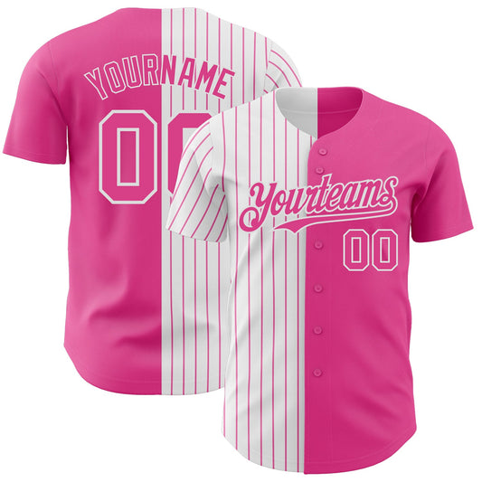 Custom Pink White-Pink Pinstripe Authentic Split Fashion Baseball Jersey - Main View