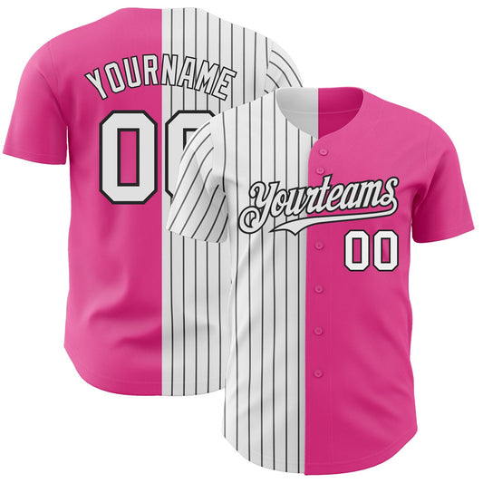 Custom Pink White-Black Pinstripe Authentic Split Fashion Baseball Jersey - Main View