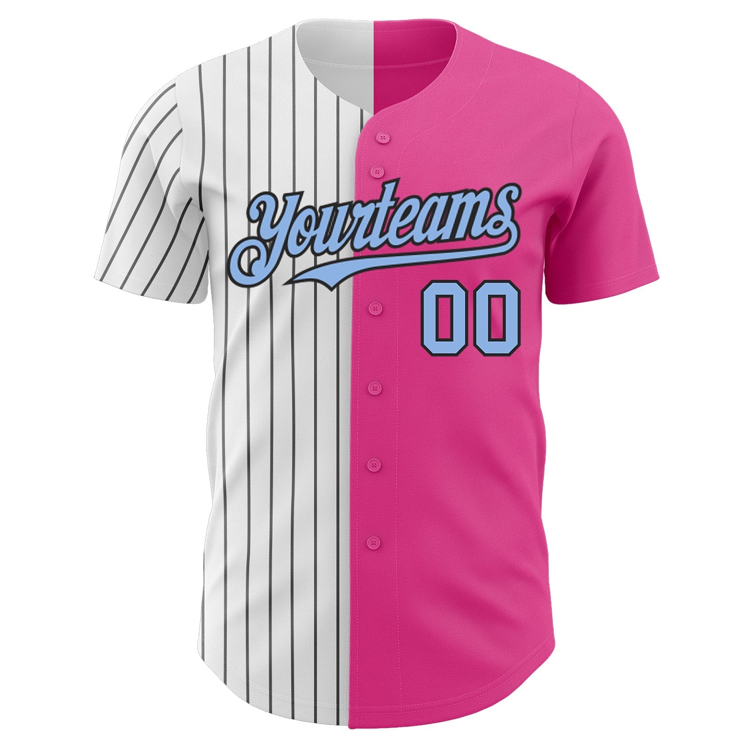 Custom Pink Light Blue-Black Pinstripe Authentic Split Fashion Baseball Jersey view 2