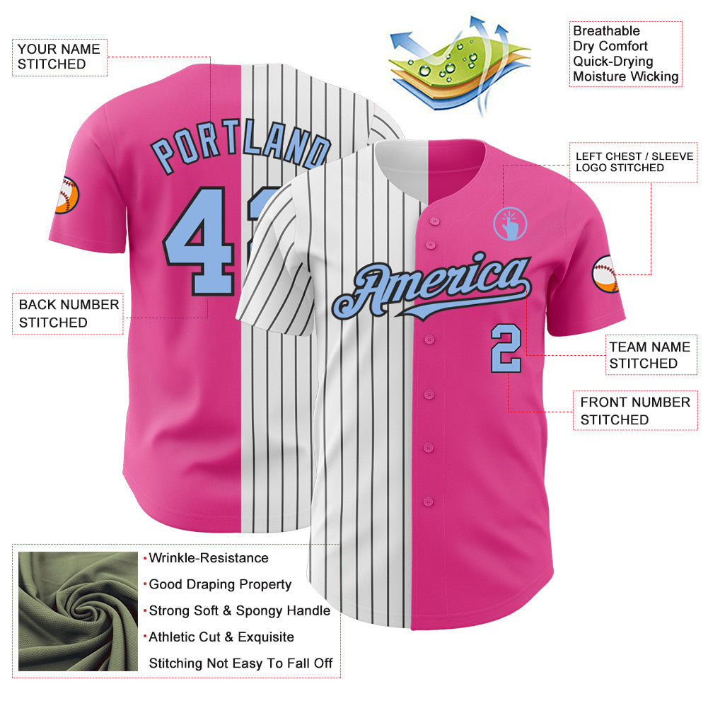 Custom Pink Light Blue-Black Pinstripe Authentic Split Fashion Baseball Jersey view 3