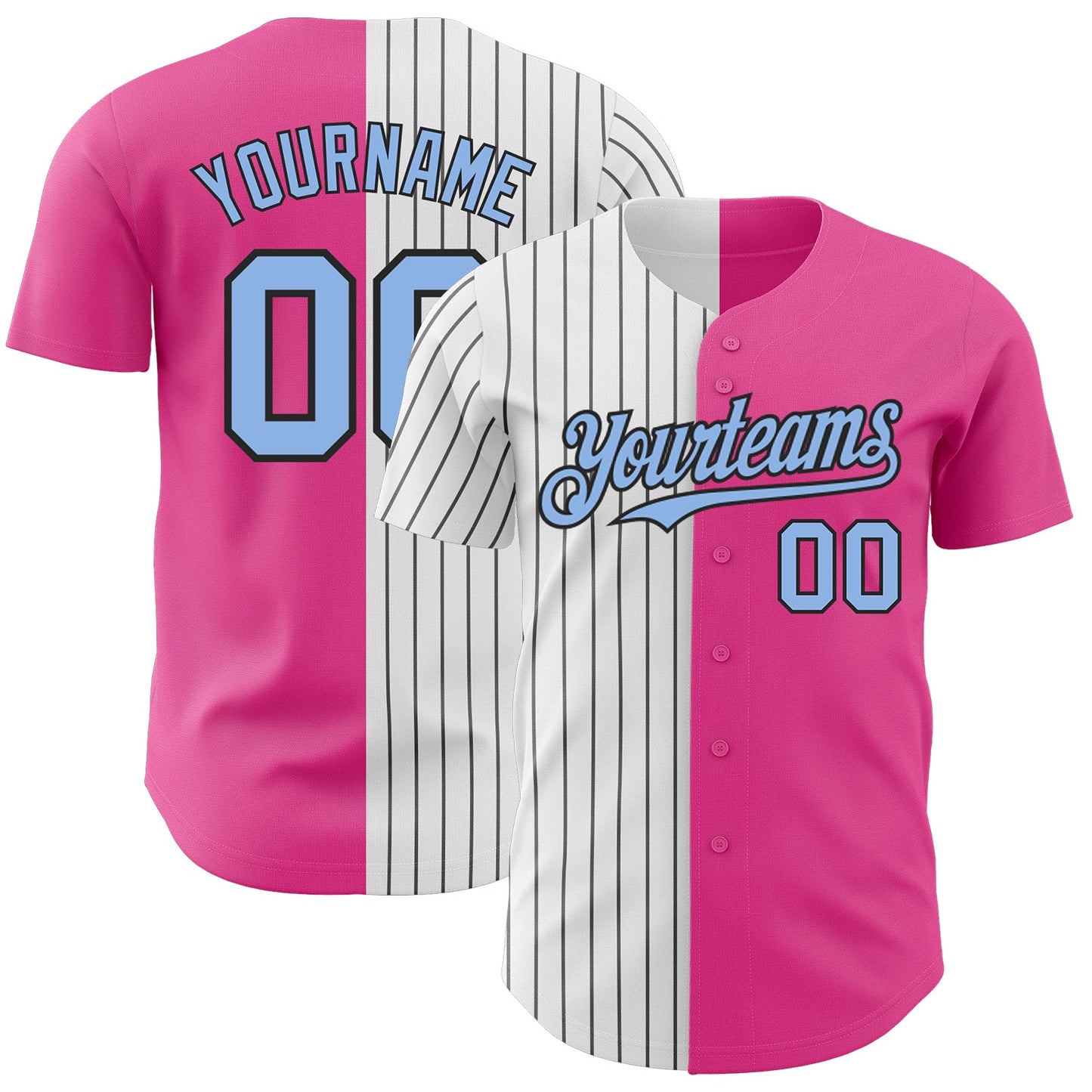 Custom Pink Light Blue-Black Pinstripe Authentic Split Fashion Baseball Jersey - Main View