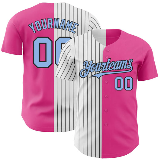 Custom Pink Light Blue-Black Pinstripe Authentic Split Fashion Baseball Jersey - Main View
