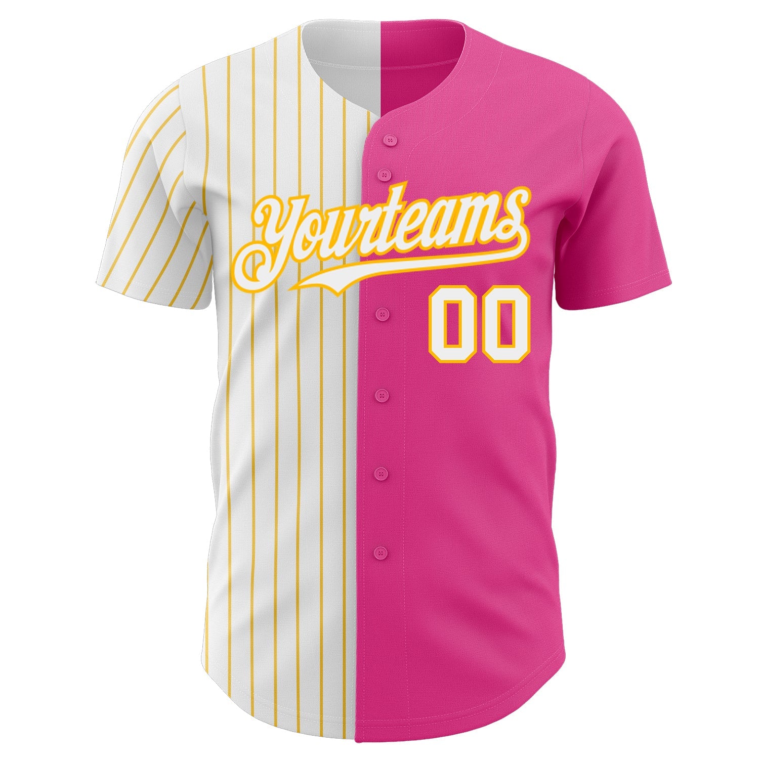 Custom Pink White-Gold Pinstripe Authentic Split Fashion Baseball Jersey view 2