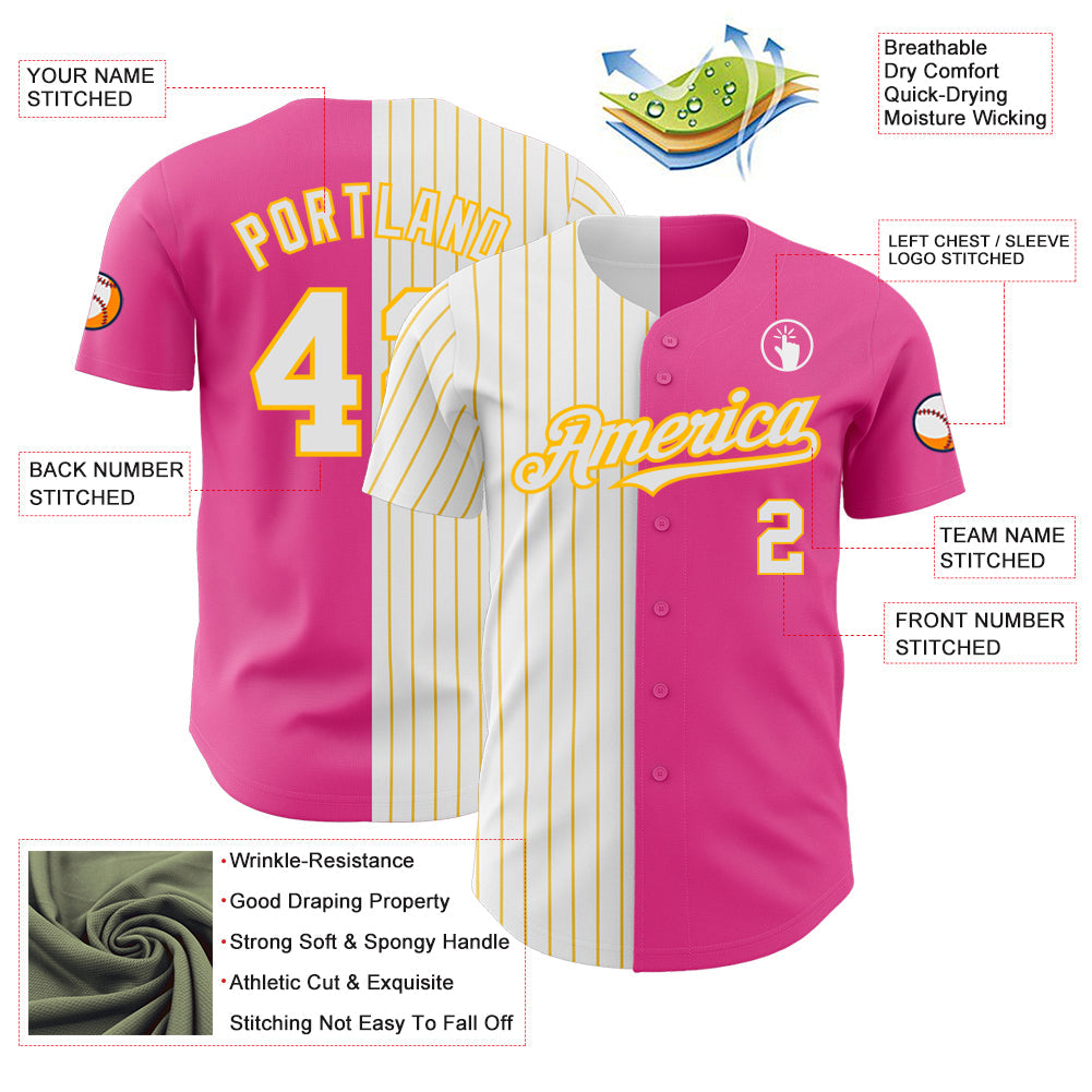 Custom Pink White-Gold Pinstripe Authentic Split Fashion Baseball Jersey view 3