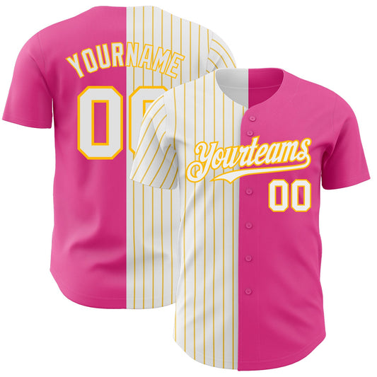 Custom Pink White-Gold Pinstripe Authentic Split Fashion Baseball Jersey - Main View