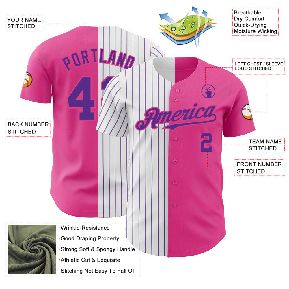 Custom Pink White-Purple Pinstripe Authentic Split Fashion Baseball Jersey view 3