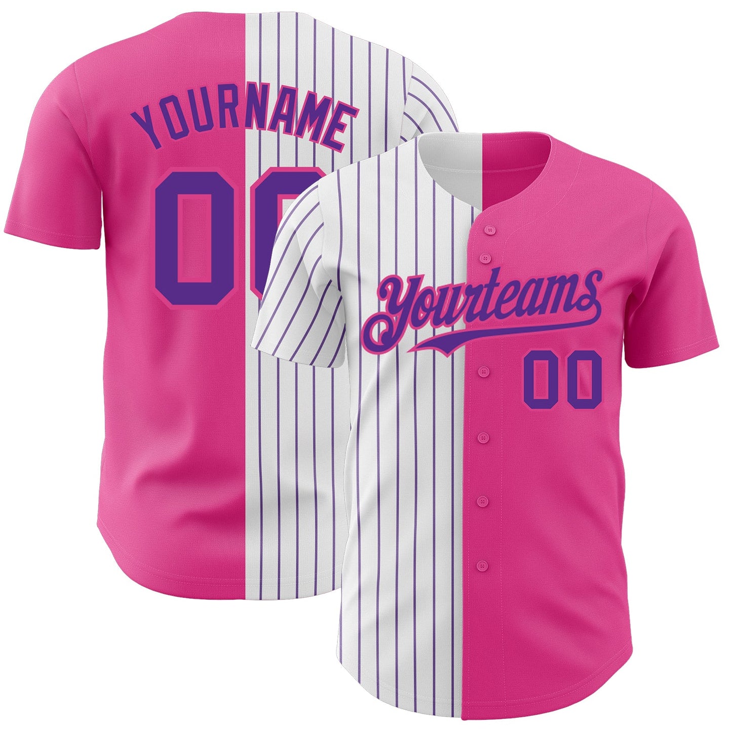 Custom Pink White-Purple Pinstripe Authentic Split Fashion Baseball Jersey - Main View