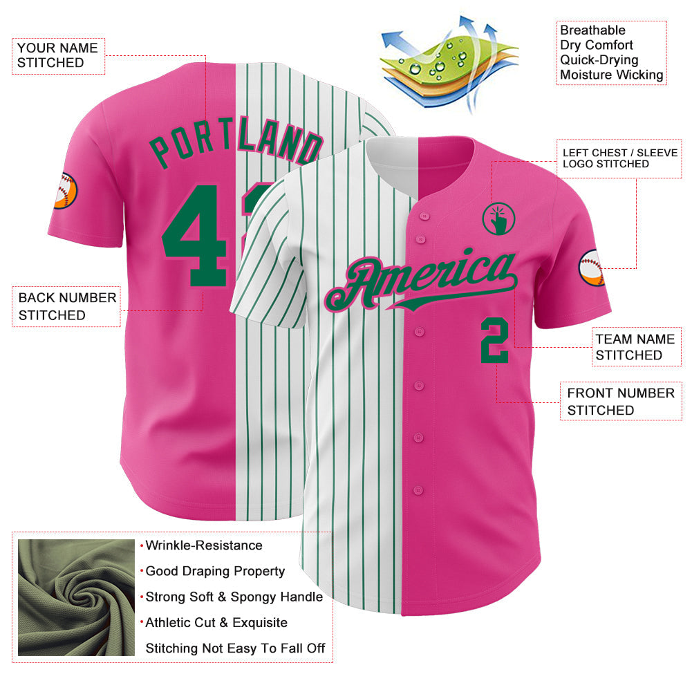 Custom Pink White-Kelly Green Pinstripe Authentic Split Fashion Baseball Jersey view 3
