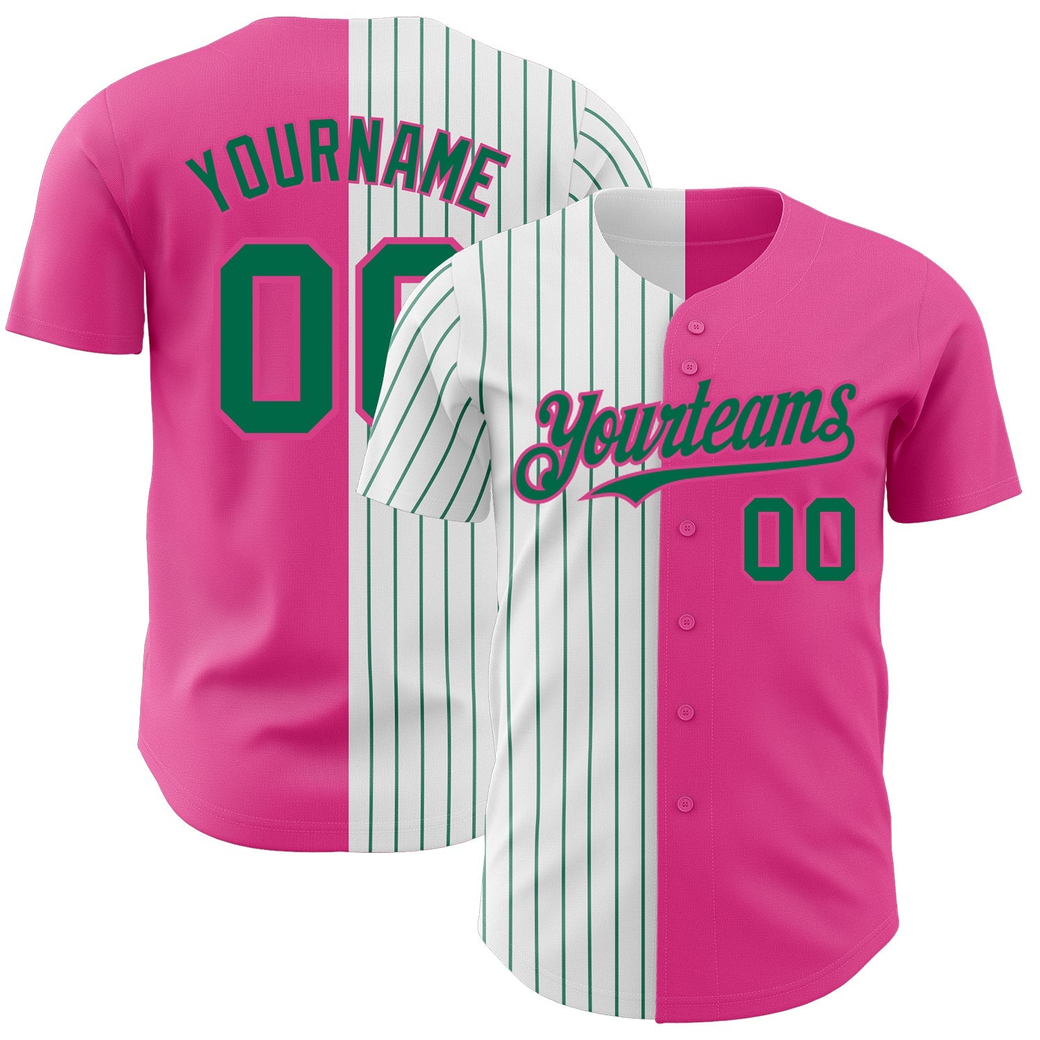 Custom Pink White-Kelly Green Pinstripe Authentic Split Fashion Baseball Jersey - Main View