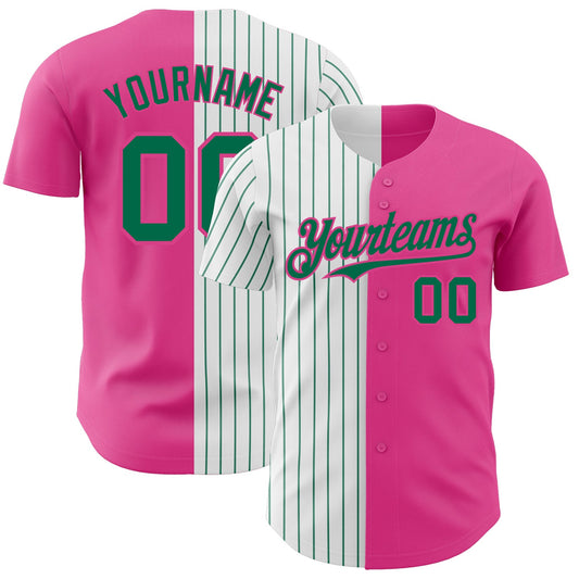 Custom Pink White-Kelly Green Pinstripe Authentic Split Fashion Baseball Jersey - Main View
