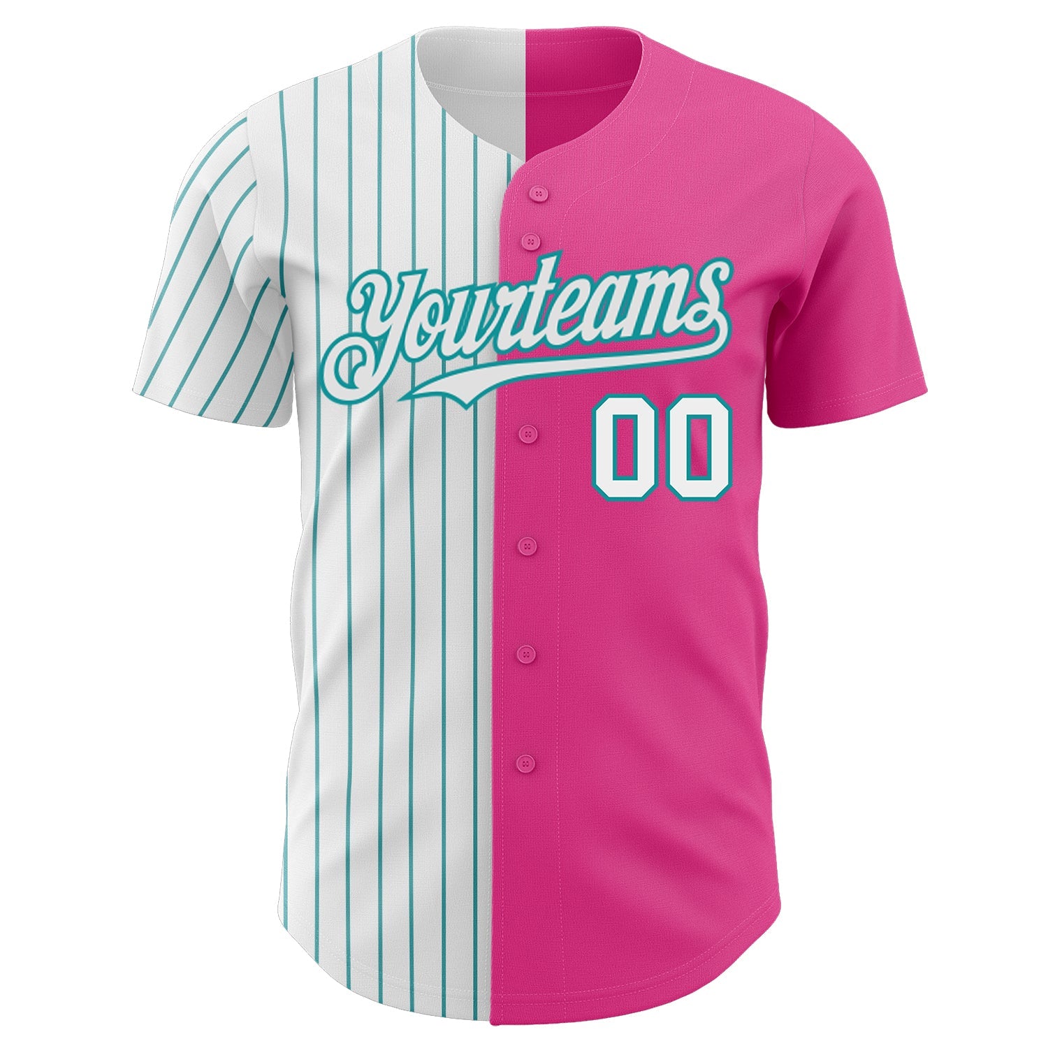Custom Pink White-Teal Pinstripe Authentic Split Fashion Baseball Jersey view 2