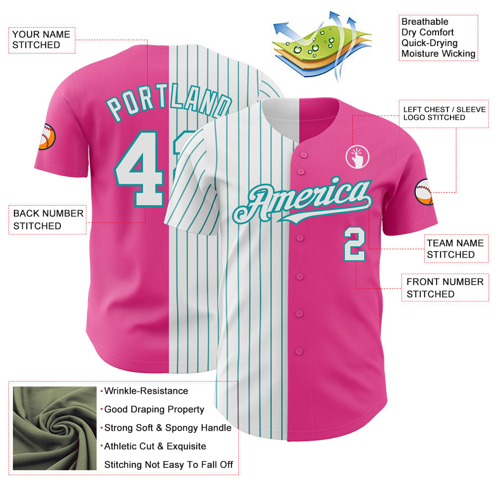 Custom Pink White-Teal Pinstripe Authentic Split Fashion Baseball Jersey view 3