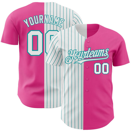 Custom Pink White-Teal Pinstripe Authentic Split Fashion Baseball Jersey - Main View