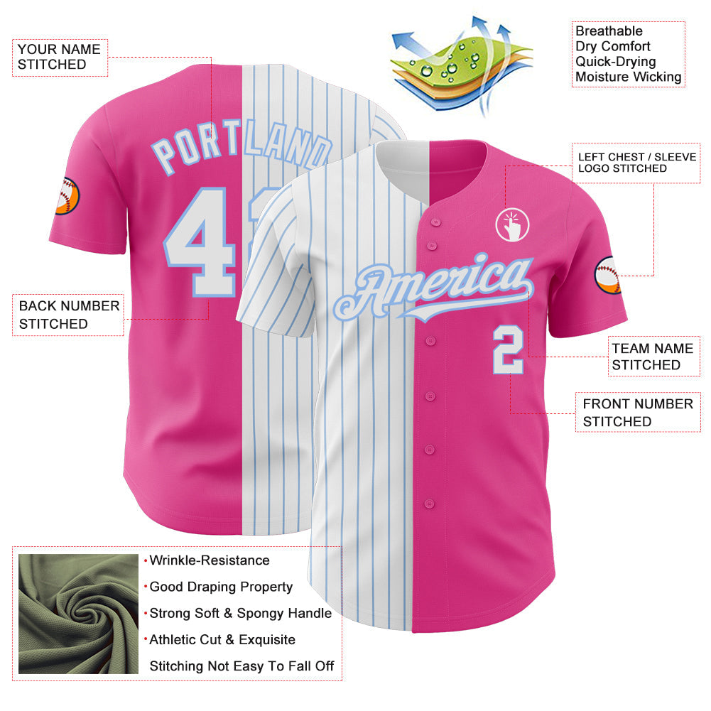 Custom Pink White-Light Blue Pinstripe Authentic Split Fashion Baseball Jersey view 3