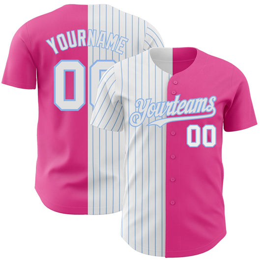 Custom Pink White-Light Blue Pinstripe Authentic Split Fashion Baseball Jersey - Main View