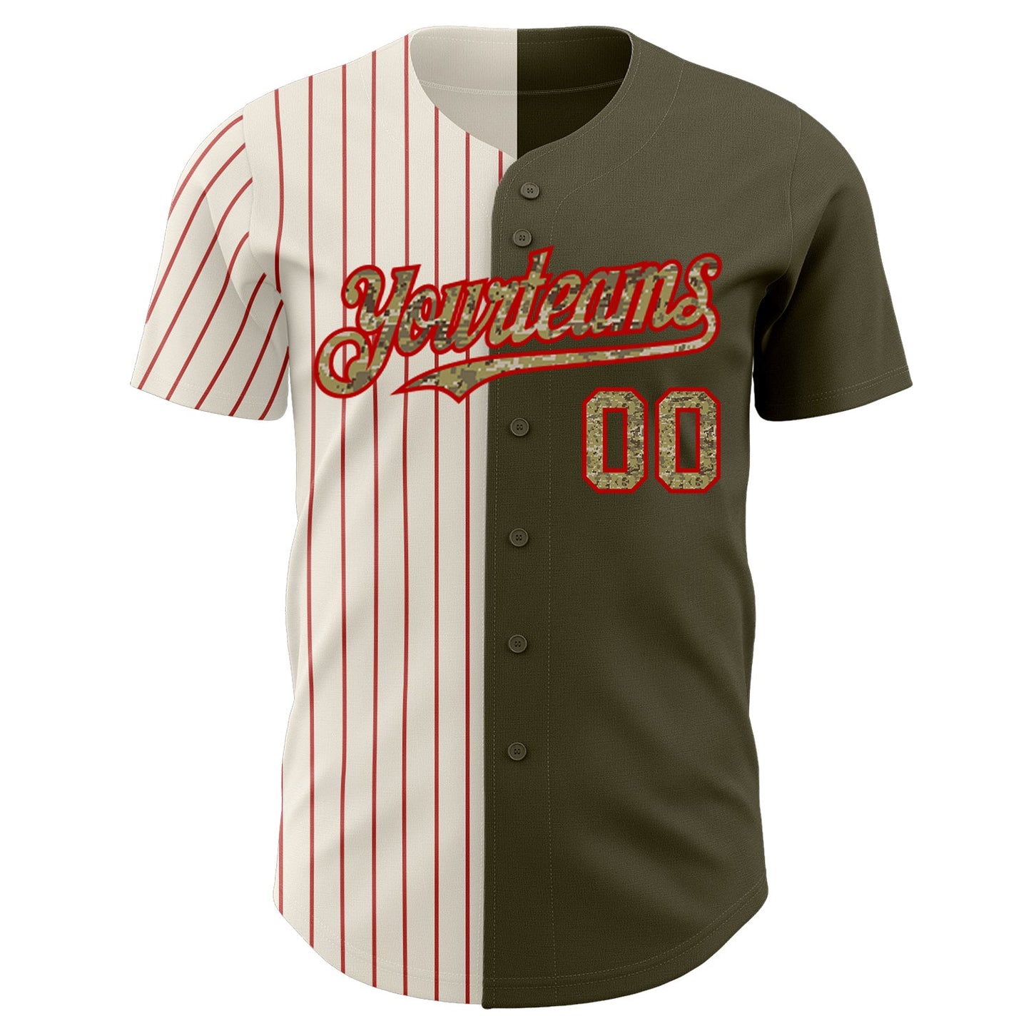 Custom Olive Camo Cream-Red Pinstripe Authentic Split Fashion Salute To Service Baseball Jersey view 2