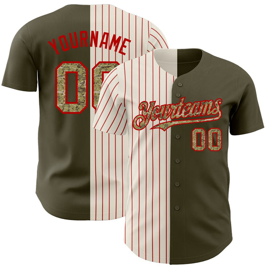 Custom Olive Camo Cream-Red Pinstripe Authentic Split Fashion Salute To Service Baseball Jersey - Main View