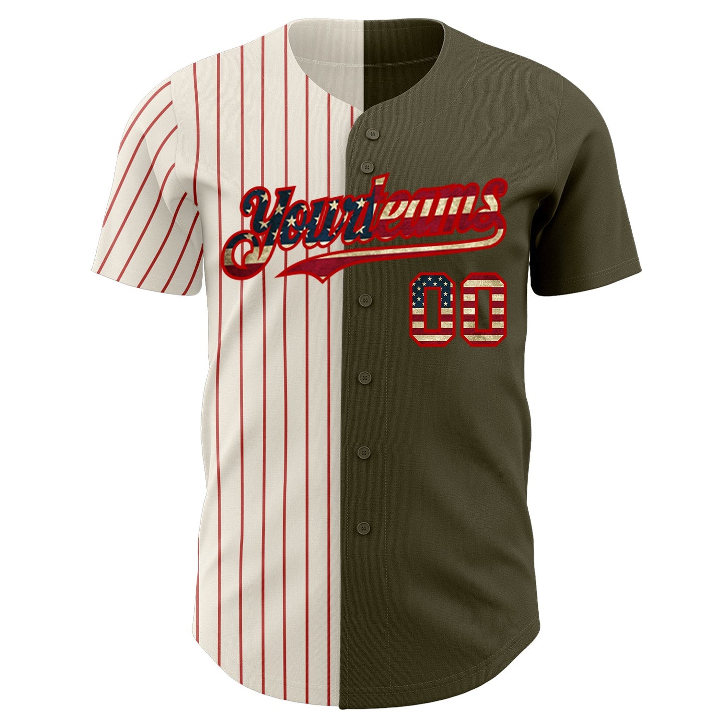 Custom Olive Vintage USA Flag Cream-Red Pinstripe Authentic Split Fashion Salute To Service Baseball Jersey view 2