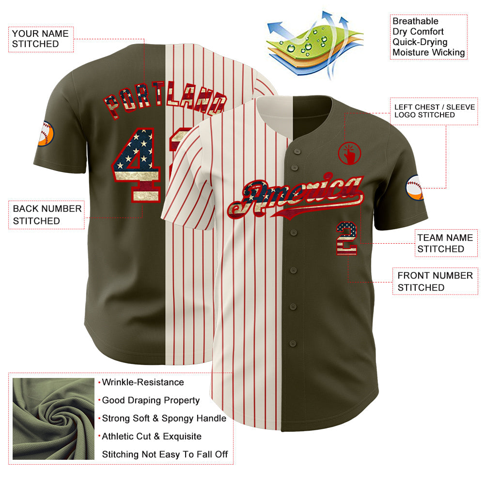 Custom Olive Vintage USA Flag Cream-Red Pinstripe Authentic Split Fashion Salute To Service Baseball Jersey view 3