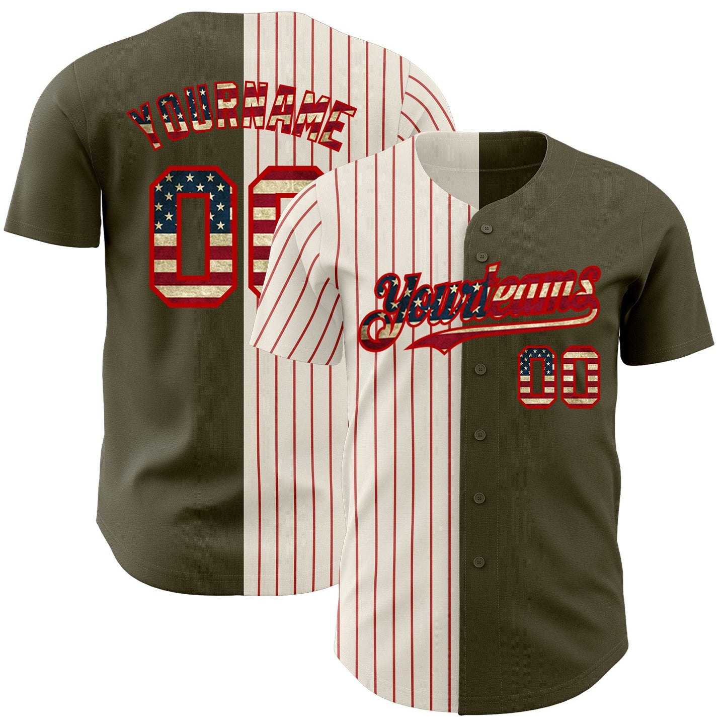 Custom Olive Vintage USA Flag Cream-Red Pinstripe Authentic Split Fashion Salute To Service Baseball Jersey - Main View