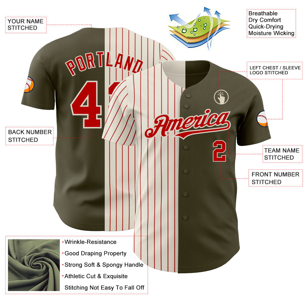 Custom Olive Cream-Red Pinstripe Authentic Split Fashion Salute To Service Baseball Jersey view 3
