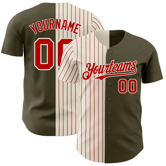 Custom Olive Cream-Red Pinstripe Authentic Split Fashion Salute To Service Baseball Jersey - Main View