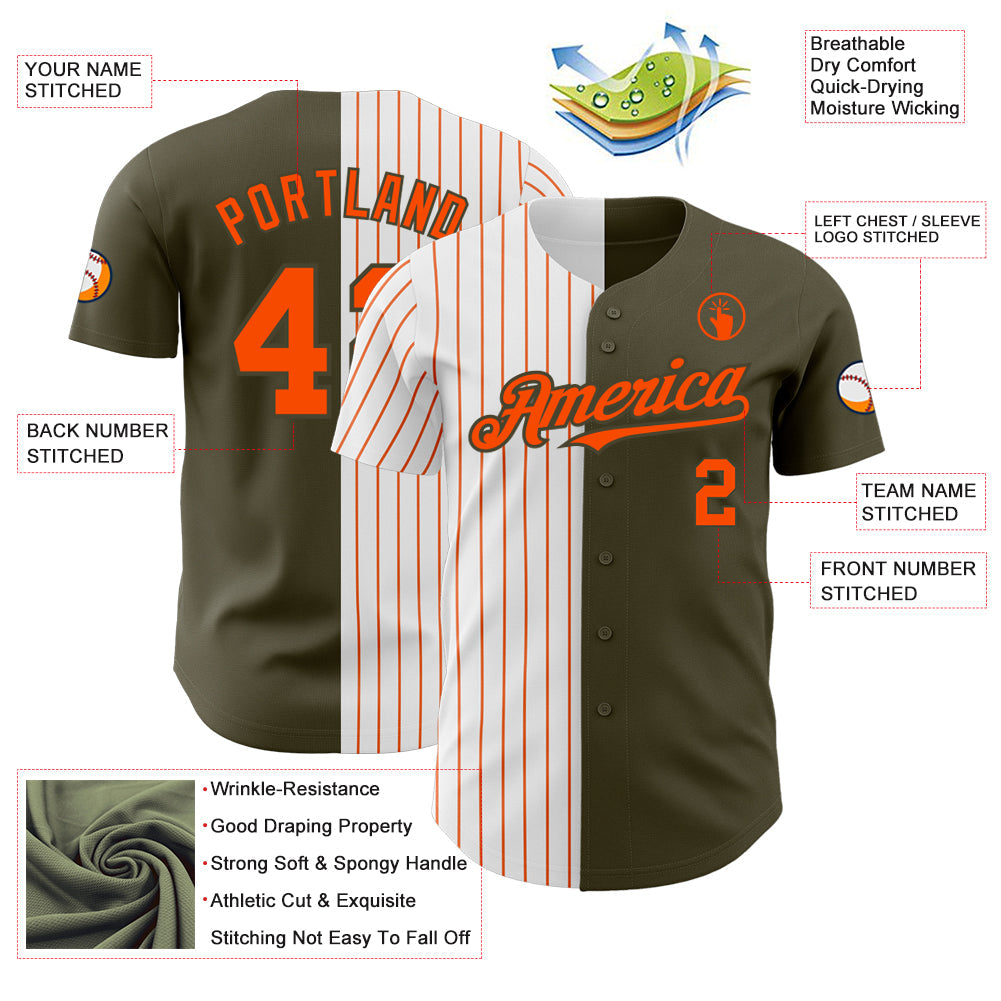 Custom Olive White-Orange Pinstripe Authentic Split Fashion Salute To Service Baseball Jersey view 3