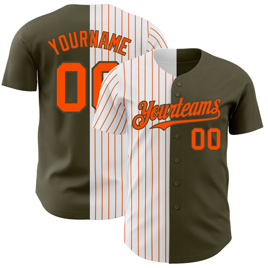 Custom Olive White-Orange Pinstripe Authentic Split Fashion Salute To Service Baseball Jersey - Main View