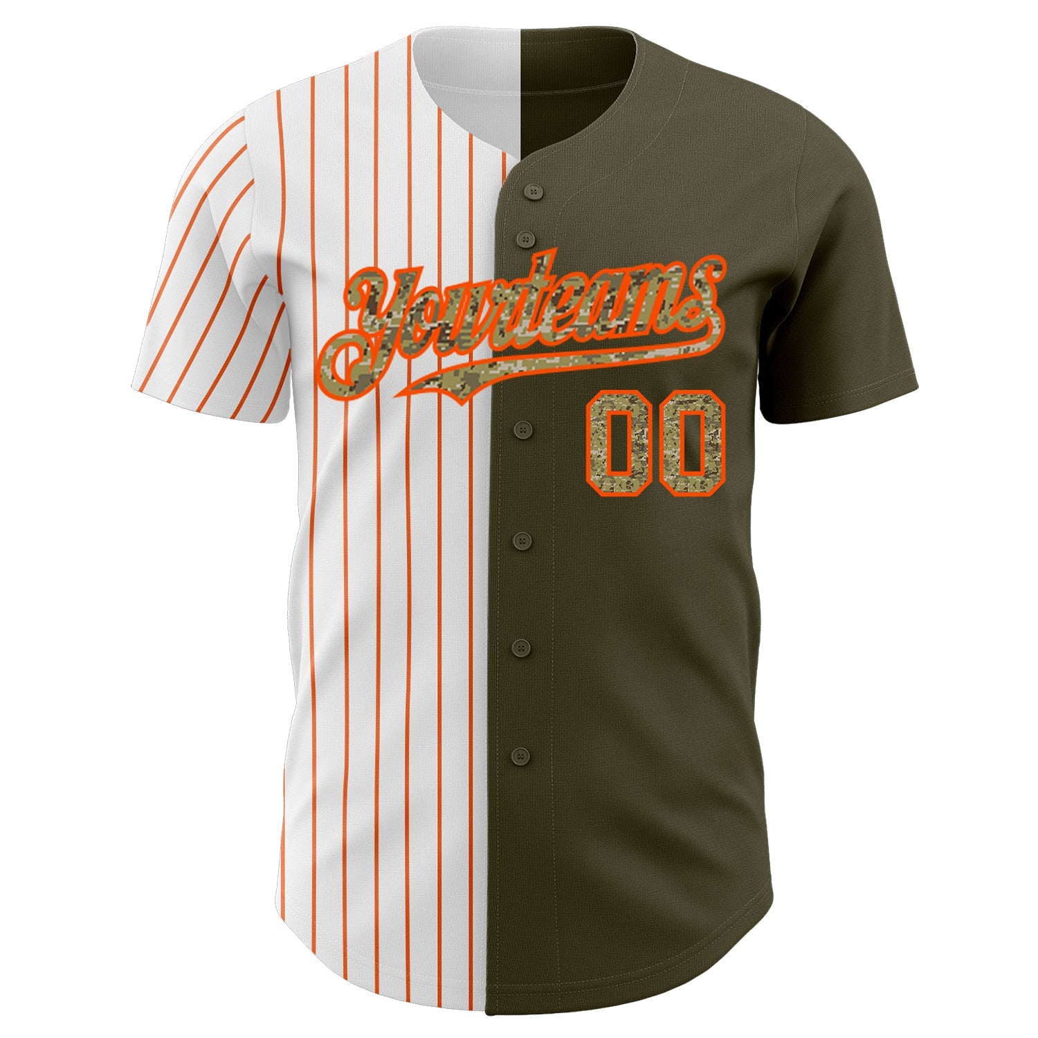 Custom Olive Camo-Orange Pinstripe Authentic Split Fashion Salute To Service Baseball Jersey view 2