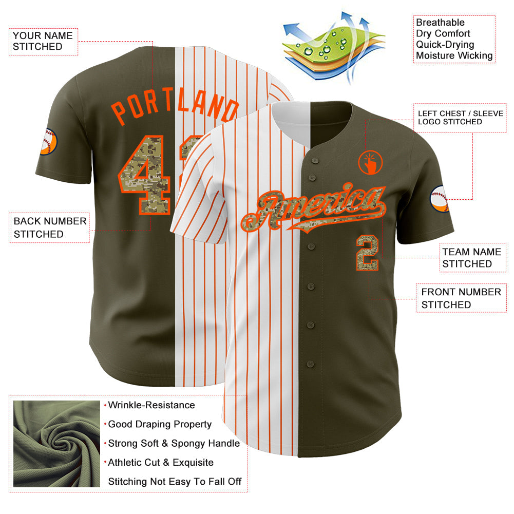 Custom Olive Camo-Orange Pinstripe Authentic Split Fashion Salute To Service Baseball Jersey view 3
