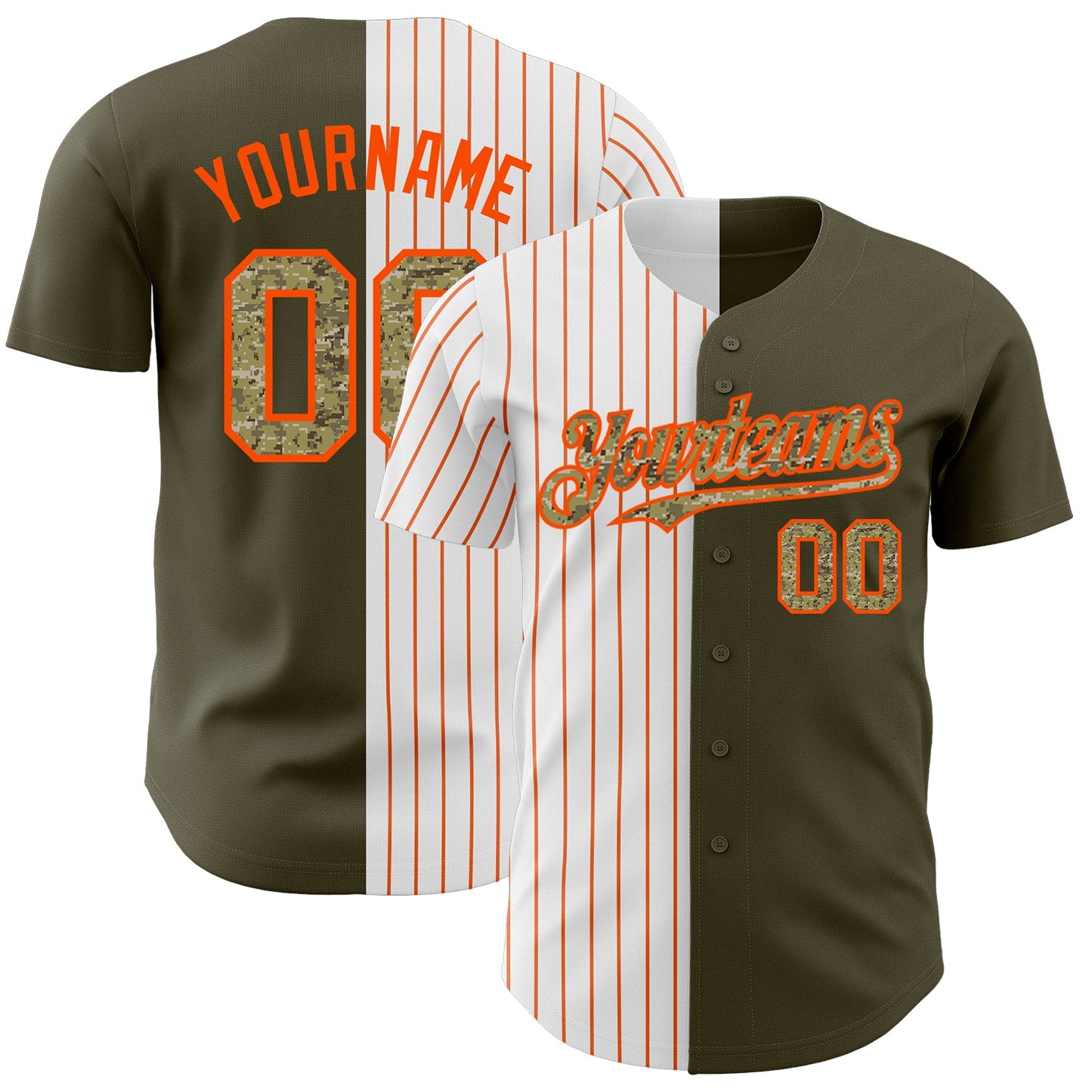 Custom Olive Camo-Orange Pinstripe Authentic Split Fashion Salute To Service Baseball Jersey - Main View