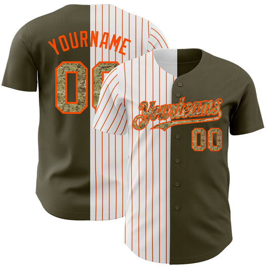 Custom Olive Camo-Orange Pinstripe Authentic Split Fashion Salute To Service Baseball Jersey - Main View