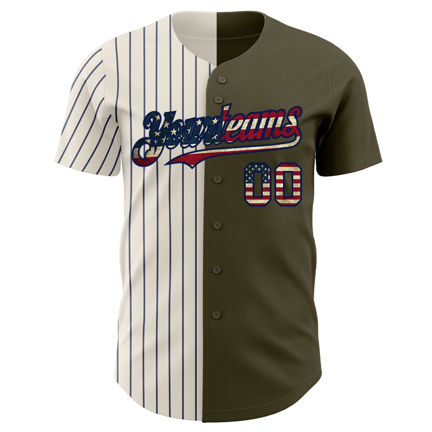 Custom Olive Vintage USA Flag Cream-Navy Pinstripe Authentic Split Fashion Salute To Service Baseball Jersey view 2