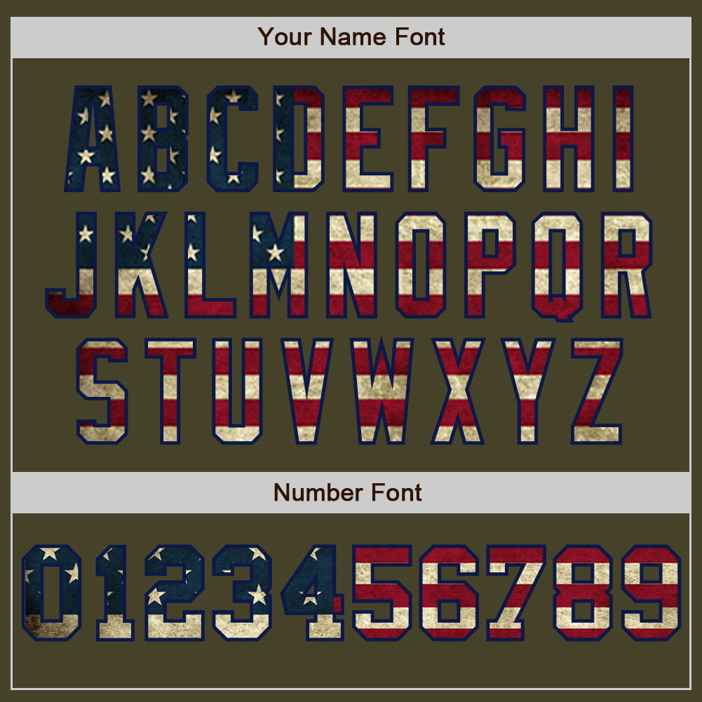 Custom Olive Vintage USA Flag Cream-Navy Pinstripe Authentic Split Fashion Salute To Service Baseball Jersey view 5