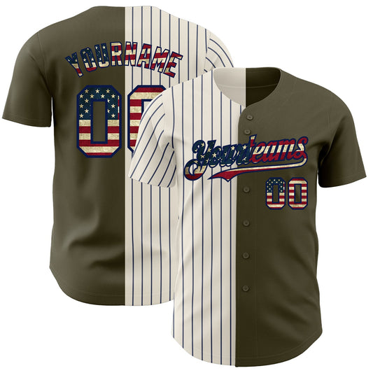 Custom Olive Vintage USA Flag Cream-Navy Pinstripe Authentic Split Fashion Salute To Service Baseball Jersey - Main View
