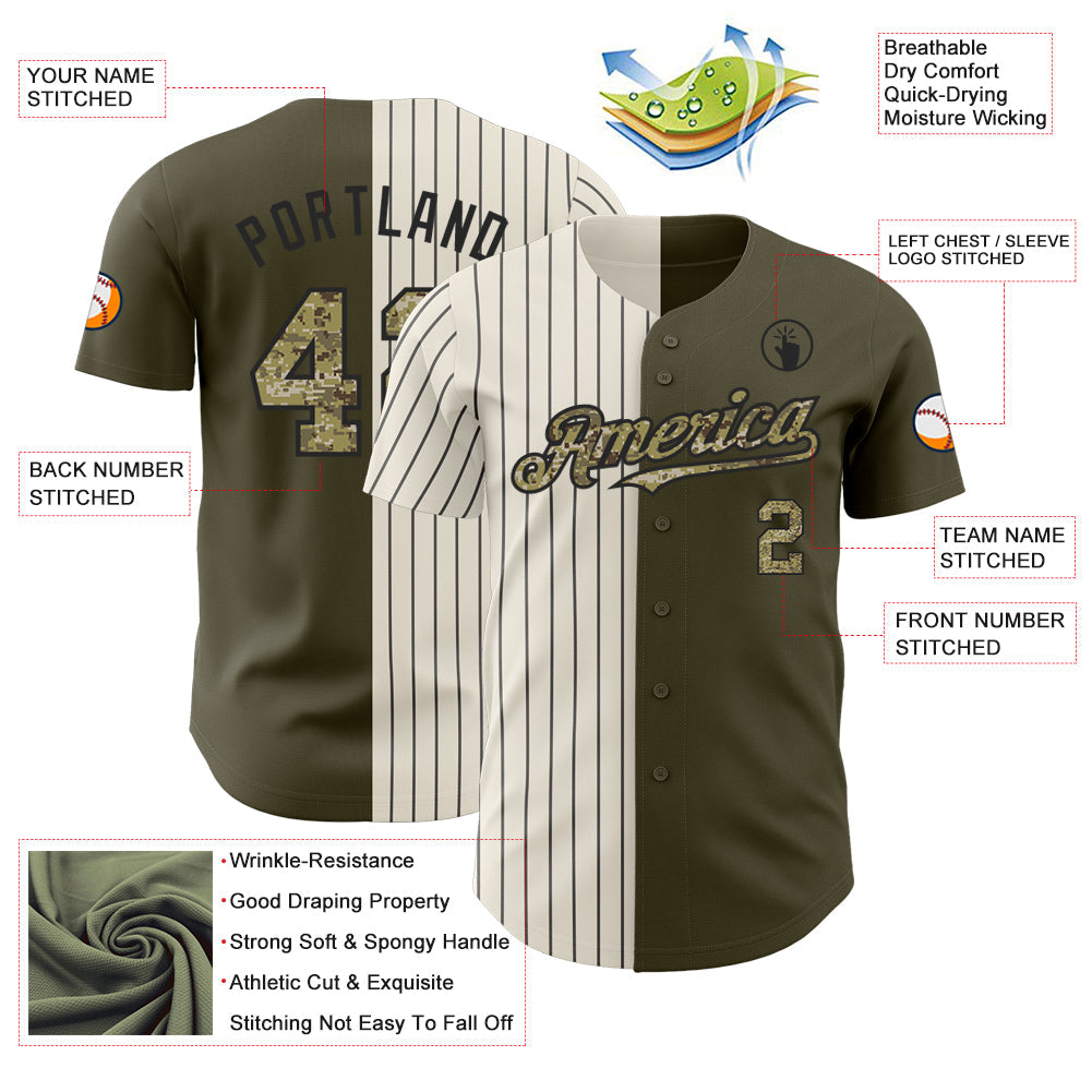 Custom Olive Camo Cream-Black Pinstripe Authentic Split Fashion Salute To Service Baseball Jersey view 3