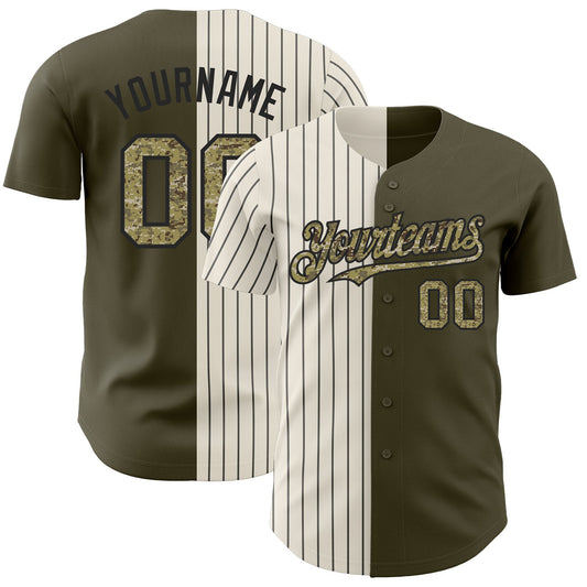 Custom Olive Camo Cream-Black Pinstripe Authentic Split Fashion Salute To Service Baseball Jersey - Main View