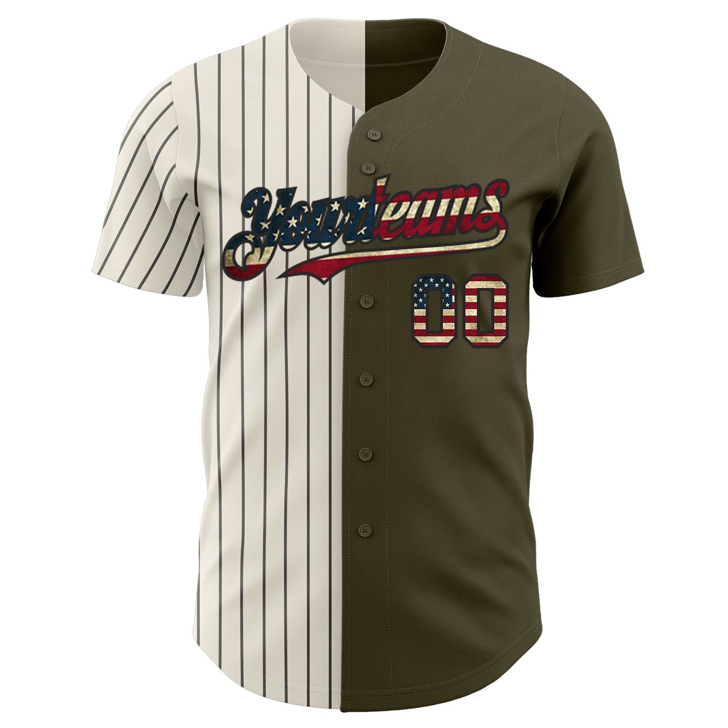 Custom Olive Vintage USA Flag Cream-Black Pinstripe Authentic Split Fashion Salute To Service Baseball Jersey view 2