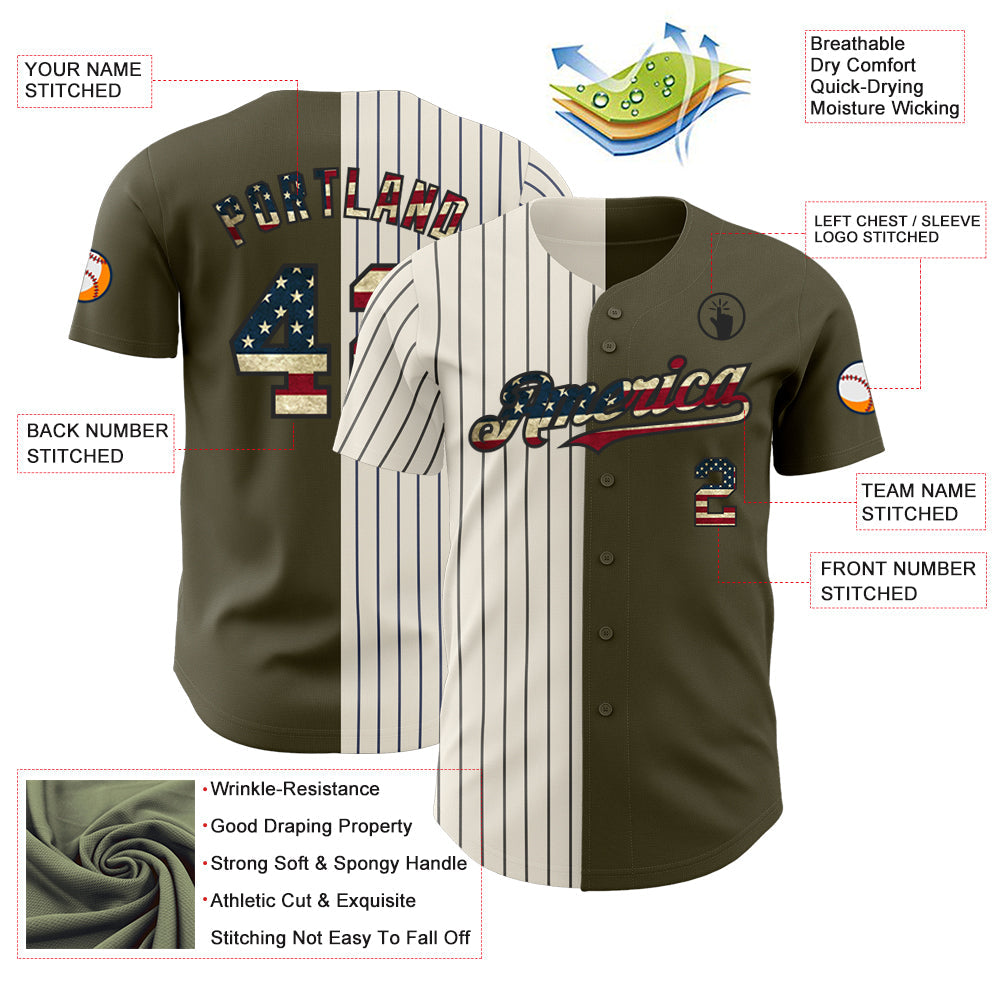 Custom Olive Vintage USA Flag Cream-Black Pinstripe Authentic Split Fashion Salute To Service Baseball Jersey view 3