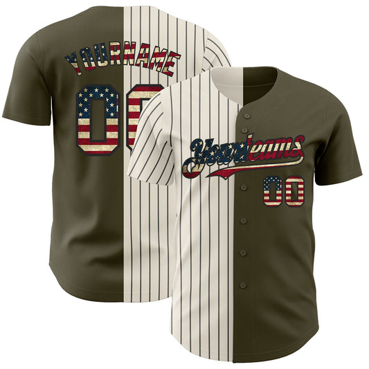 Custom Olive Vintage USA Flag Cream-Black Pinstripe Authentic Split Fashion Salute To Service Baseball Jersey - Main View