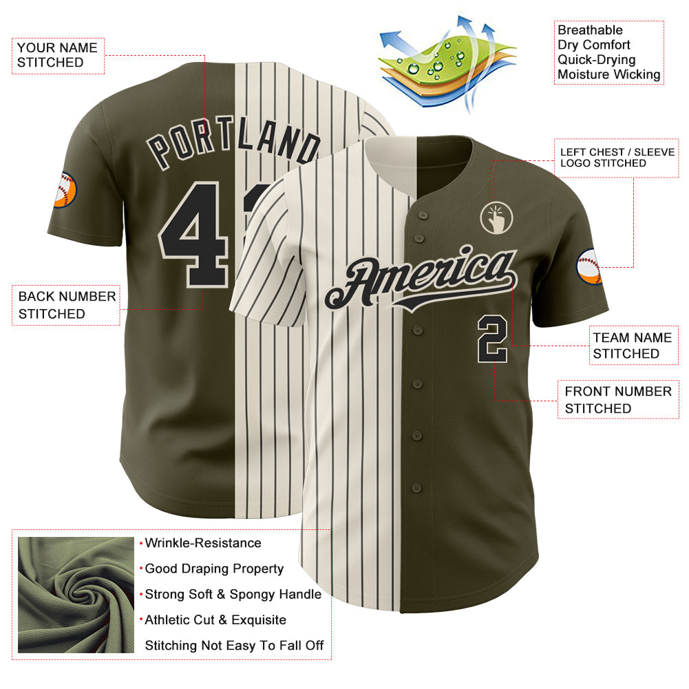 Custom Olive Cream-Black Pinstripe Authentic Split Fashion Salute To Service Baseball Jersey view 3