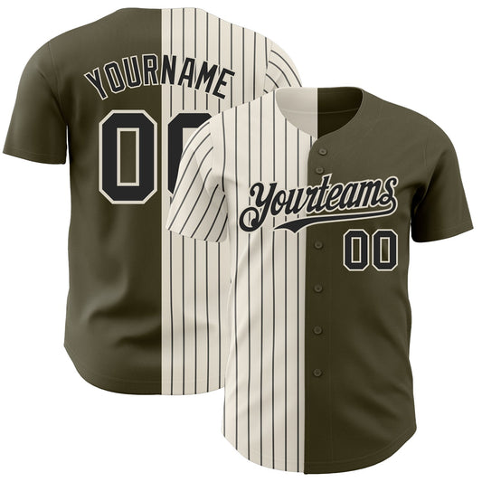 Custom Olive Cream-Black Pinstripe Authentic Split Fashion Salute To Service Baseball Jersey - Main View