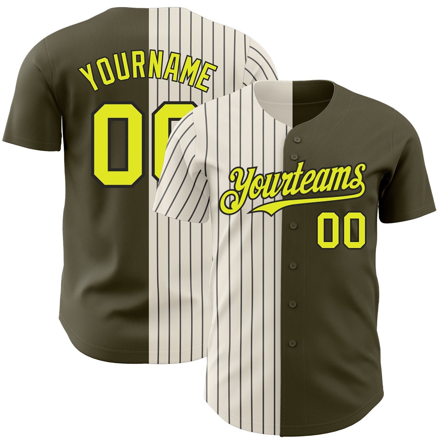 Custom Olive Neon Yellow Cream-Black Pinstripe Authentic Split Fashion Salute To Service Baseball Jersey - Main View