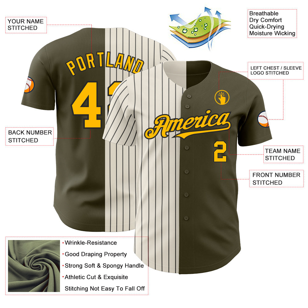 Custom Olive Gold Cream-Black Pinstripe Authentic Split Fashion Salute To Service Baseball Jersey view 3