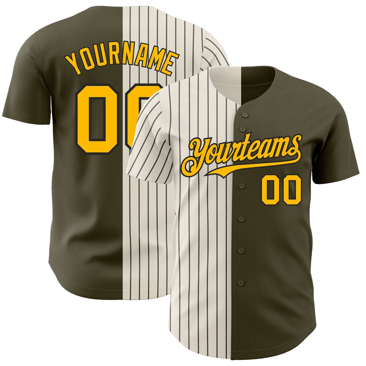Custom Olive Gold Cream-Black Pinstripe Authentic Split Fashion Salute To Service Baseball Jersey - Main View