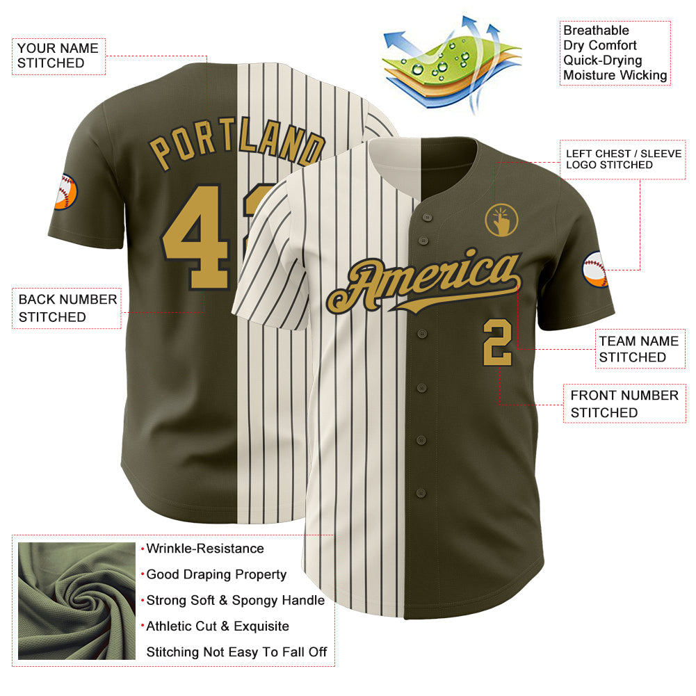 Custom Olive Old Gold Cream-Black Pinstripe Authentic Split Fashion Salute To Service Baseball Jersey view 3