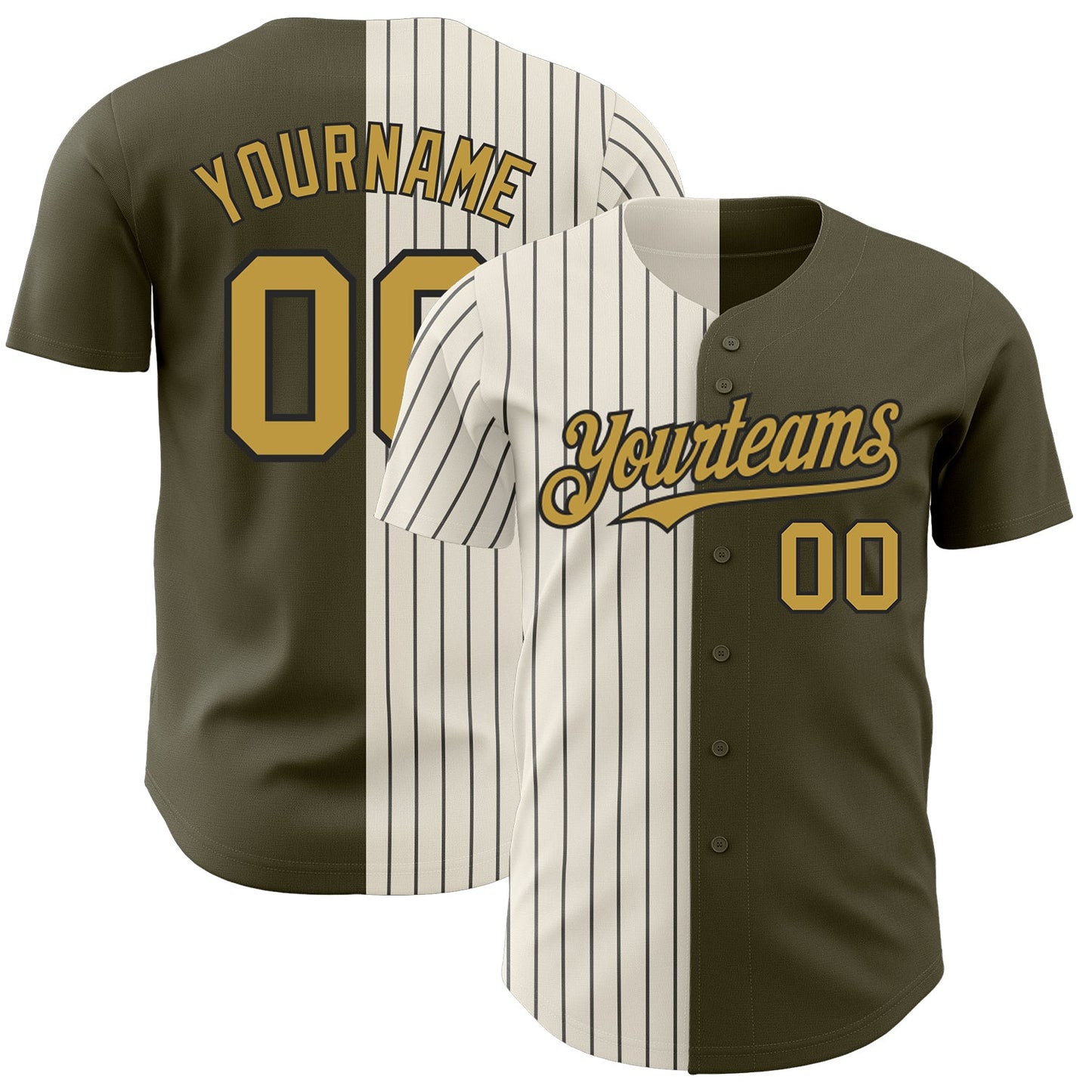 Custom Olive Old Gold Cream-Black Pinstripe Authentic Split Fashion Salute To Service Baseball Jersey - Main View